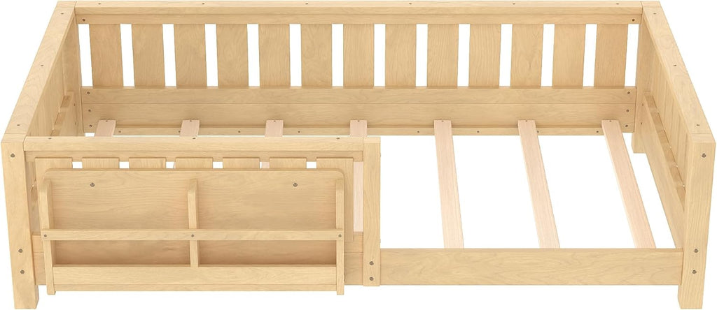 Bellemave Twin Floor Bed with Slats and Safety Guardrail, Twin Size Montessori Floor Bed with Fence and Built-in Bookshelf, Easy Assemble Montessori Beds for Kids, Girls, Boys, Light Natural