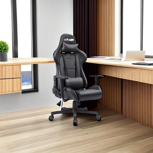 Homall Gaming Chair, Office Chair High Back Computer Chair Leather Desk Chair Racing Executive Ergonomic Adjustable Swivel Task Chair with Headrest and Lumbar Support (Dark Black)