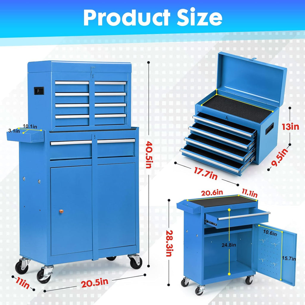5-Drawer Rolling Tool Chest – 2-in-1 Lockable Tool Box with Wheels, Sliding Drawers & Detachable Top – Garage & Workshop Storage Cabinet, Blue