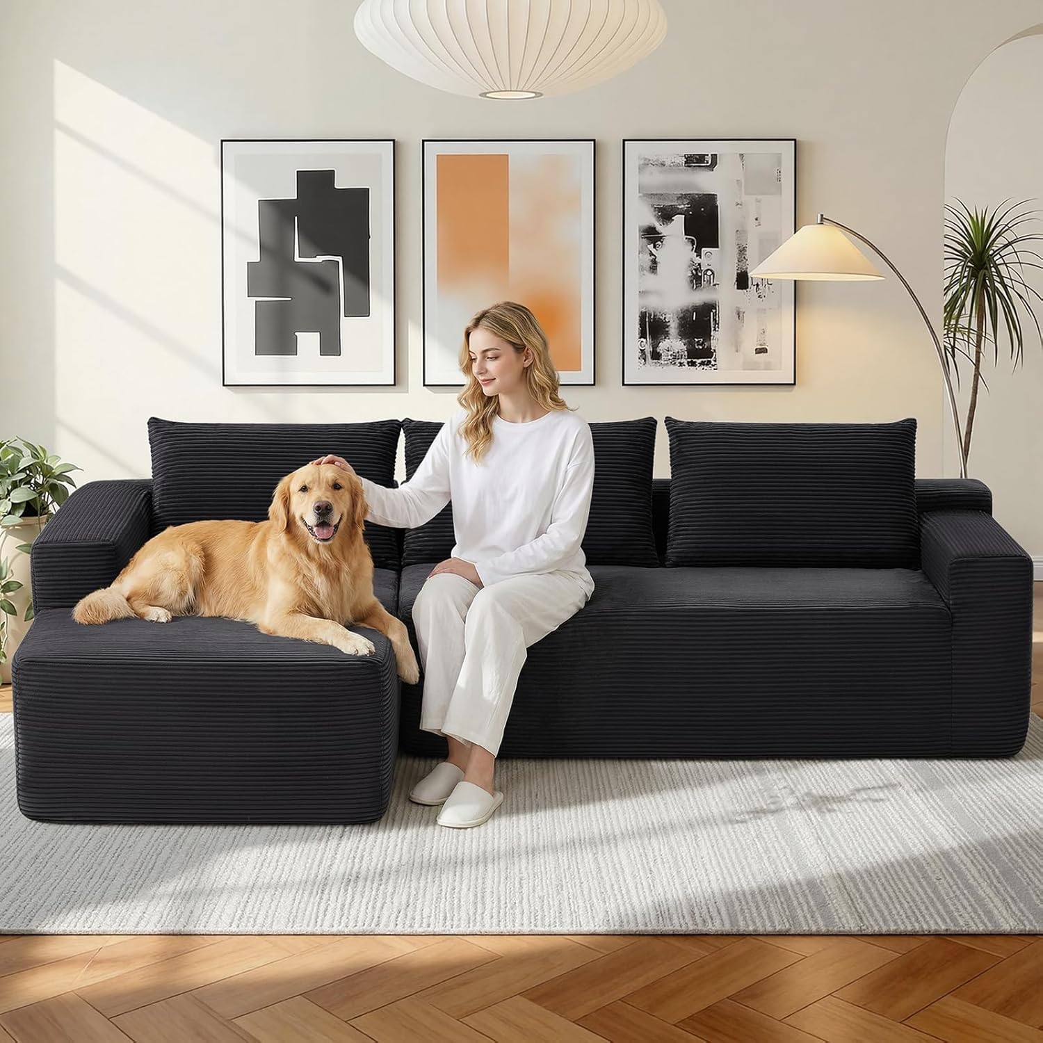 97" Cloud Sectional Couch, Modular Boneless Couch with L-Shape Chaise, Modern Sectional Sofa with Deep Seat Corduroy Corner Foam Cloud Sofas for Living Room,No Assembly Required (Black, Left Chaise)