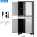 Aobabo 71" H 2 Drawer Metal Storage Cabinet with Wheels and 4 Pegboards,Lockable Steel Garage Storage Cabinet with 2 Adjustable Shelves,Black Sliver,Assembly Required