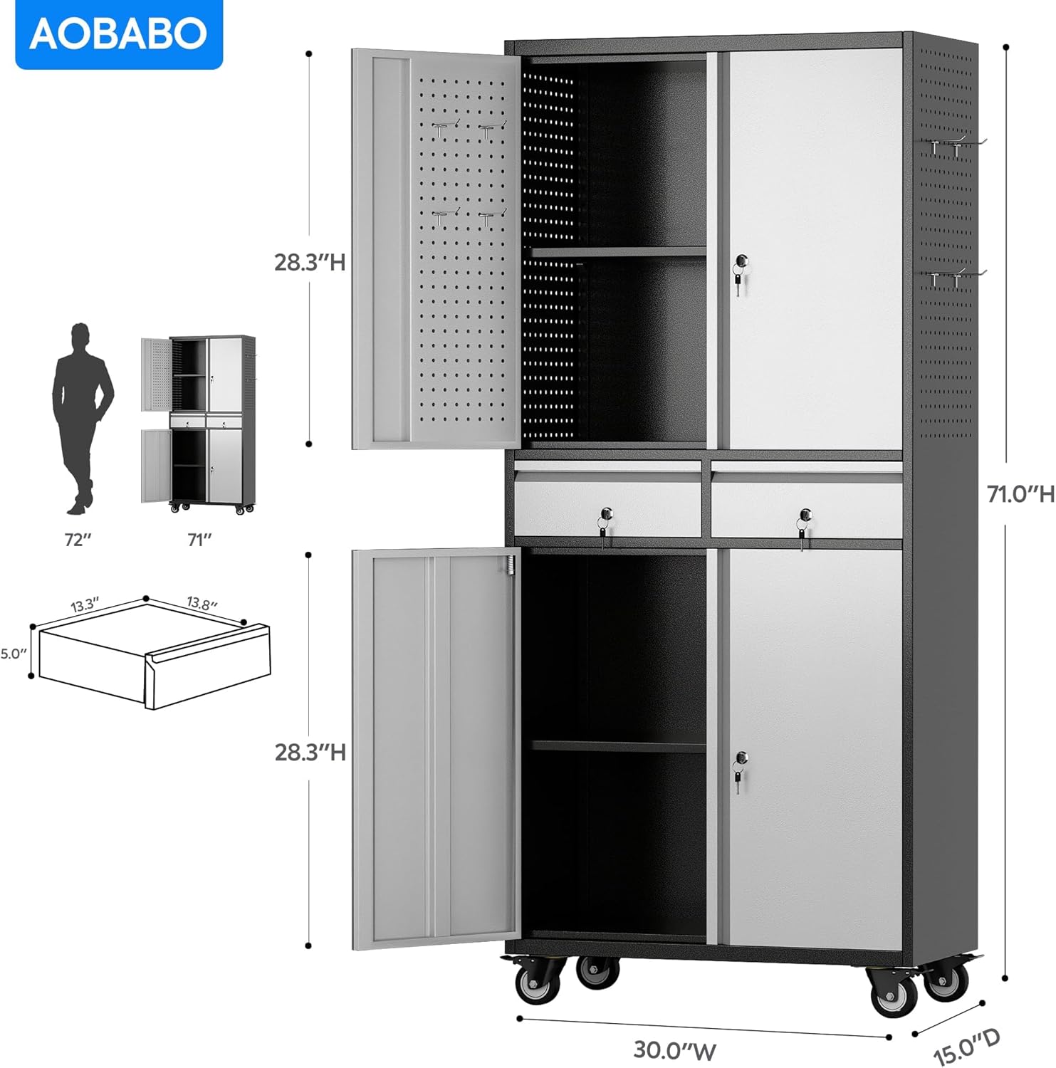 Aobabo 71" H 2 Drawer Metal Storage Cabinet with Wheels and 4 Pegboards,Lockable Steel Garage Storage Cabinet with 2 Adjustable Shelves,Black Sliver,Assembly Required
