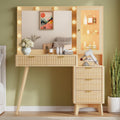45'' Fluted Makeup Vanity Desk with LED Lights Mirror & Charging Station, Modern Glass Top Vanity Table with 5 Drawers & Glass Cabinet, Dressing Table for Bedroom, Living Room, Oak