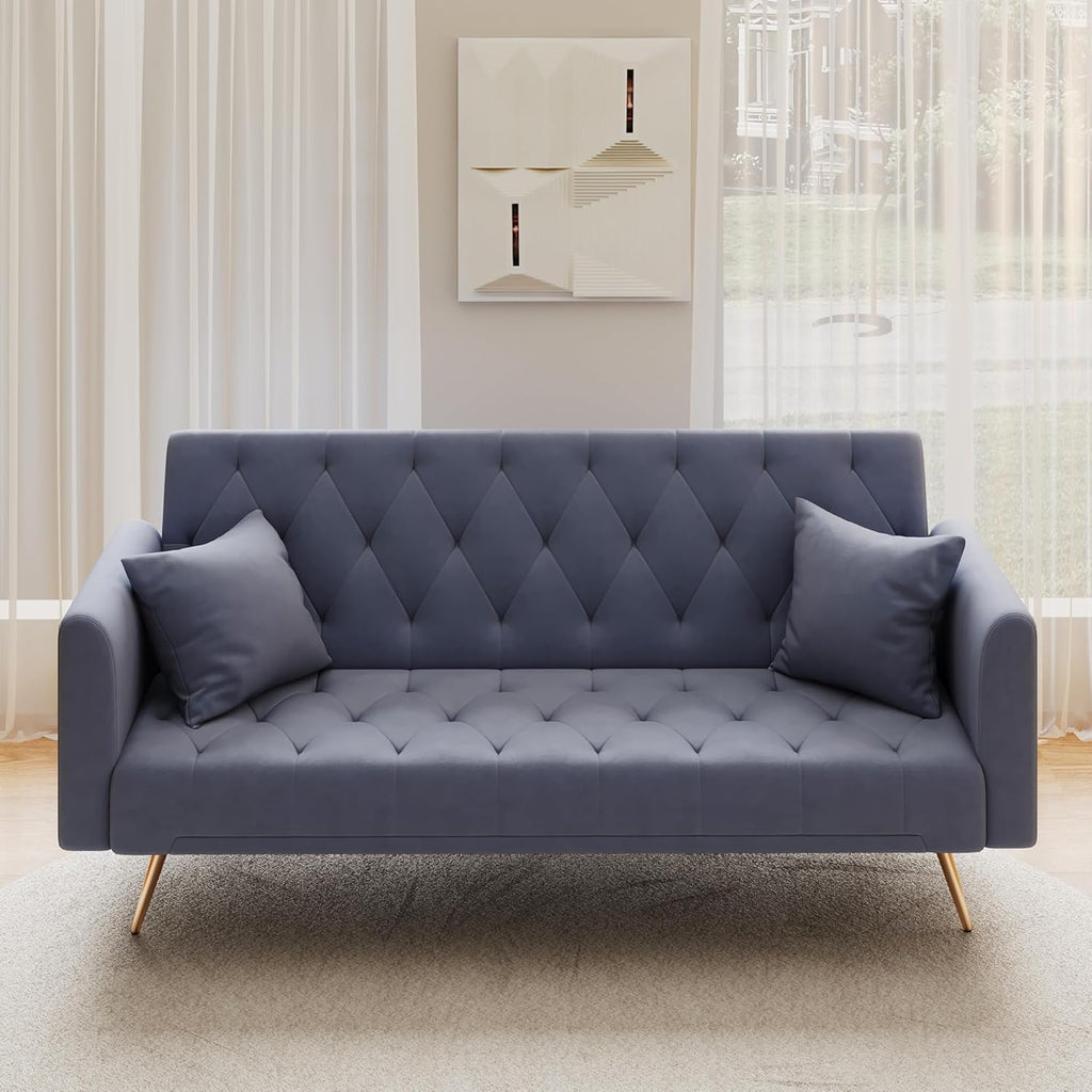 72"Modern Velvet Sofa Bed Futon,Convertible Folding Sleeper Bed Couches with 3 Adjustable Backrests,Tufted Recliner Loveseat with Golden Chrome Legs for Small Living Room Office (Dark Grey+pillows)