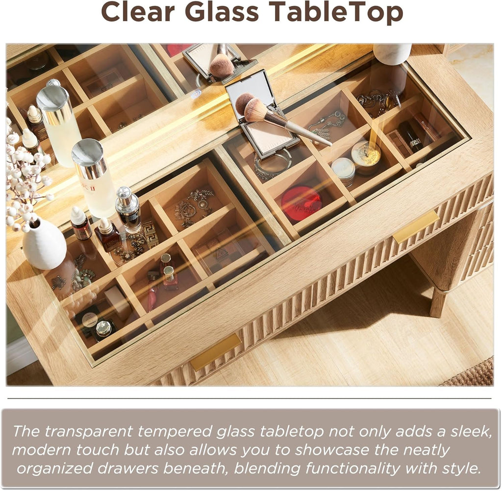 RedLemon 48" Fluted Vanity Desk with 36" Large HD Mirror and Lights, Modern Wood Glass Tabletop Makeup Table with Adjustable Storage Shelves, 5 Drawers, Charging Station for Bedroom, Natural Oak