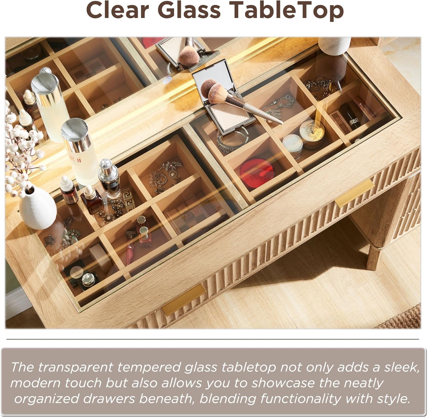 RedLemon 48" Fluted Vanity Desk with 36" Large HD Mirror and Lights, Modern Wood Glass Tabletop Makeup Table with Adjustable Storage Shelves, 5 Drawers, Charging Station for Bedroom, Natural Oak