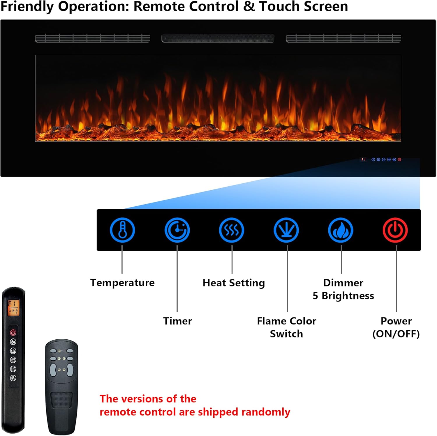 Electric Fireplace 50inches, Wall-Mounted & Recessed Fireplace Inserts, Multicolor Flame w/5 Dimmer, Remote Control Thermostat, Timer, Overheating Protection, Hardwire Connect, 1500W,Black