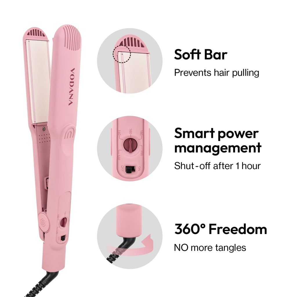 VODANA Professional Softbar Flat Iron - Ceramic Straightener with Patented Silicone Bar, Smooth & Quick Styling, Healthy Hair Solution, Dual Voltage for Worldwide Use (1.5 inch, Milk Tea Rose)