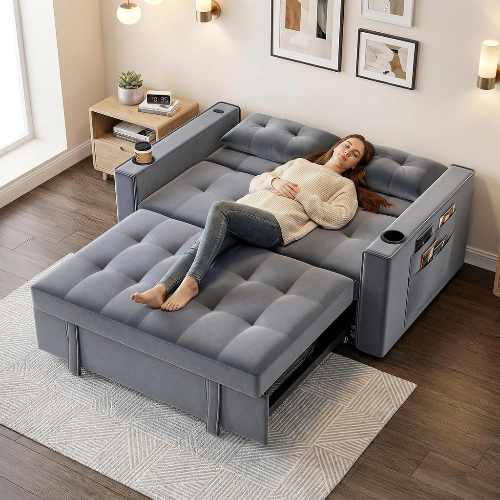 3-in-1 Pull Out Sofa Bed with Charging Station, Cup Holder & Side Storage - 70" Multi-Functional Recliner Sofa Bed for Home Living Room Grey 2