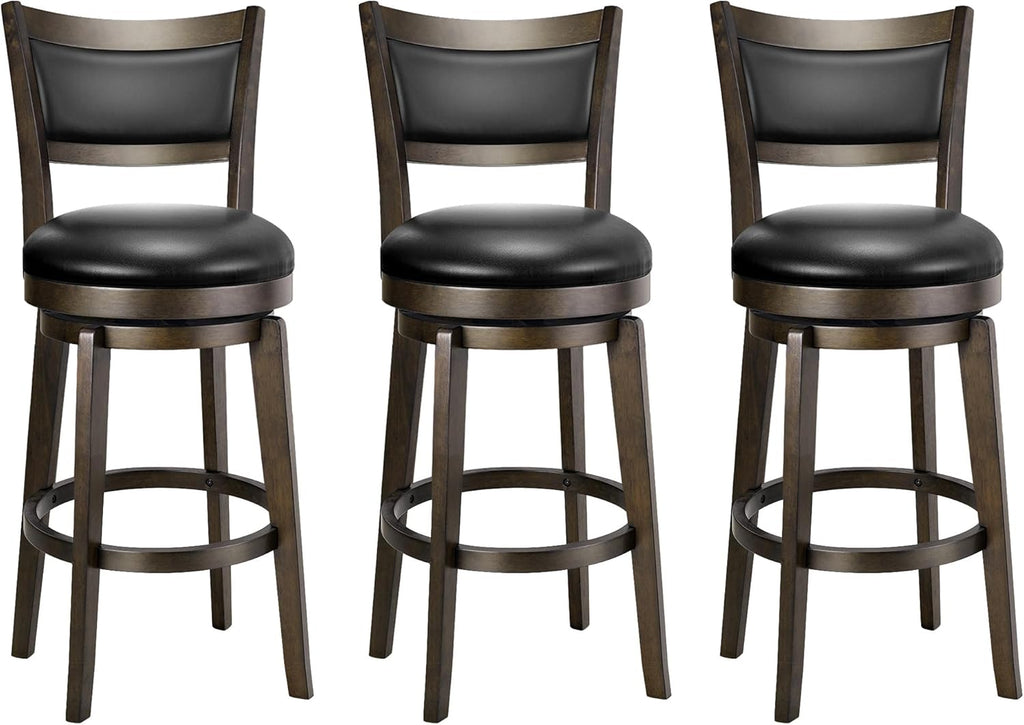 PrimeZone Swivel Bar Stools Set of 3, 26 Inch Counter Height Barstools, Black Faux Leather Bar Stool with High Backrest & Solid Wood Legs & Wrap-around Footrest, Counter Stools for Kitchen Island, Pub