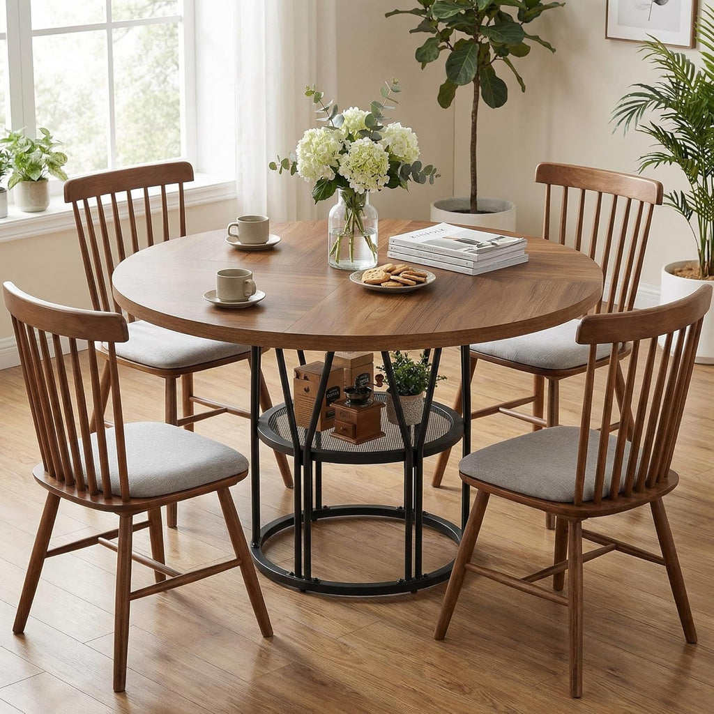 Garvee Round Dinning Table for 4-6 - 47" Circle Dinner Table with Storage Shelf & Sturdy Metal Frame, Modern Breakfast Tea Tray for Kitchen, Living Room, Apartment, Office, Brown