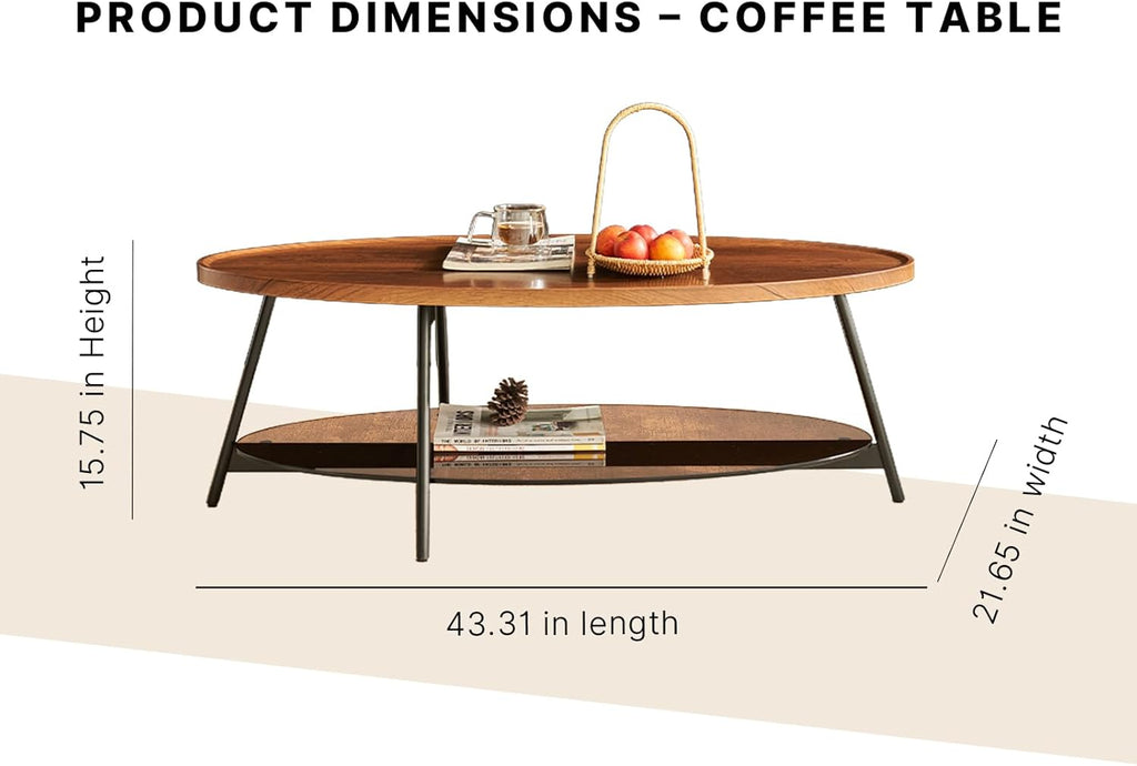Shrine Glass Coffee Table, Black Walnut Table for Living Room, Glass and Wood Table, 43.3" D x 21.6" W x 15.7" H, Brown Glass Base, Walnut Wood Top&Black Metal Frame