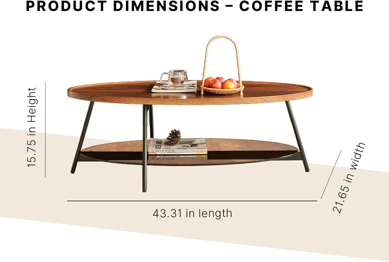 Shrine Glass Coffee Table, Black Walnut Table for Living Room, Glass and Wood Table, 43.3" D x 21.6" W x 15.7" H, Brown Glass Base, Walnut Wood Top&Black Metal Frame
