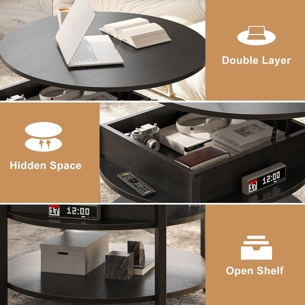 FABATO Round Lift Top Coffee Table with Storage and Hidden Compartment, 26.77'' Farmhouse Coffee Table for Living Room Reception Room, 2 Tier Small Round Coffee Table Circle Dining Table, Black