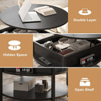 FABATO Round Lift Top Coffee Table with Storage and Hidden Compartment, 26.77'' Farmhouse Coffee Table for Living Room Reception Room, 2 Tier Small Round Coffee Table Circle Dining Table, Black