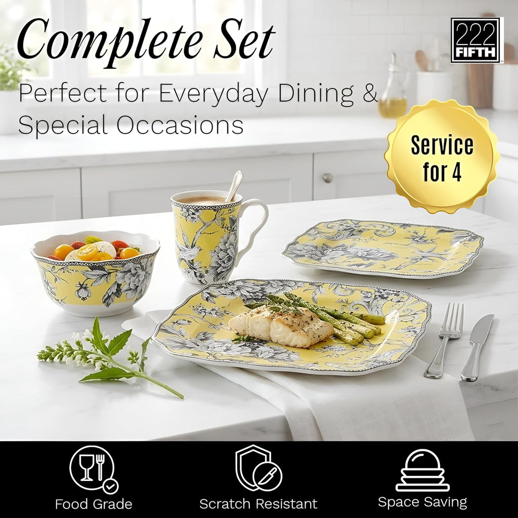 222 Fifth Adelaide Yellow 16-Piece Floral Porcelain Dinnerware Set | Microwave and Dishwasher Safe Dining Set for 4 | Stackable & Chip-Resistant Plates Bowls and Cups | Gift for Housewarming & Wedding