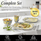 222 Fifth Adelaide Yellow 16-Piece Floral Porcelain Dinnerware Set | Microwave and Dishwasher Safe Dining Set for 4 | Stackable & Chip-Resistant Plates Bowls and Cups | Gift for Housewarming & Wedding