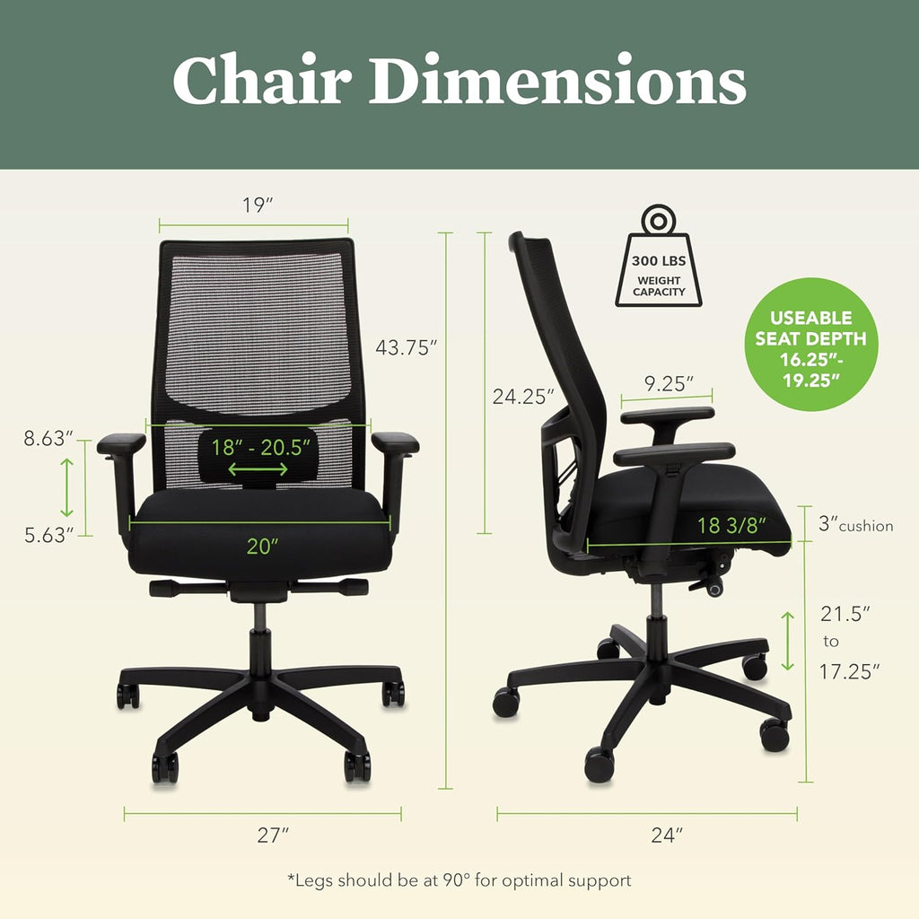 HON Ignition 2.0 Ergonomic Office Chair Fabric Seat, Adjustable Tilt, Swivel Wheels, Comfy for Long Hours, Home Office Desk Chairs, Fog