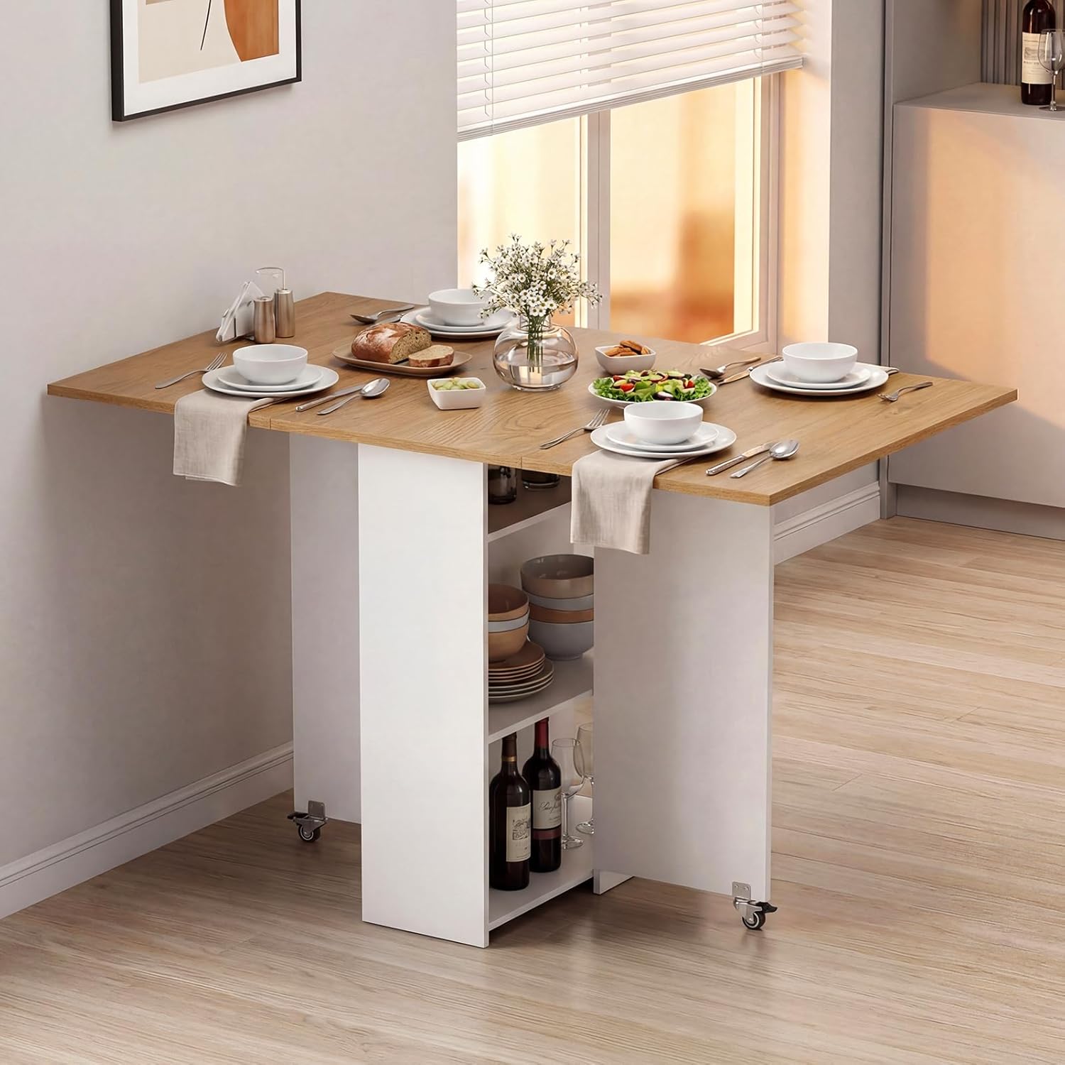 Giantex 47.5" Folding Dining Table for 2-4, Drop Leaf Wooden Dinner Table with 2-Tier Storage Shelf and Drawer, Lockable Wheels, Space Saving Kitchen Tables for Dinette, Small Space (White+Natural)