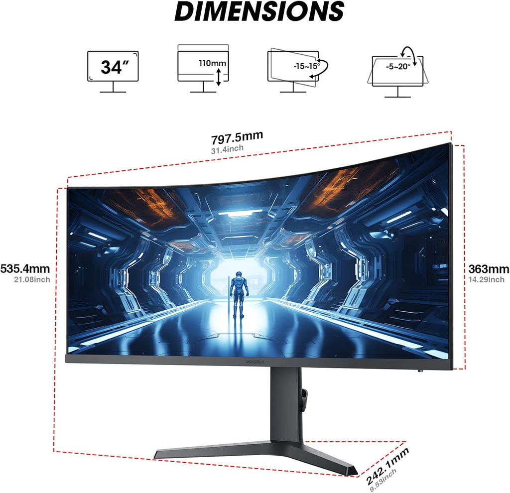 KOORUI 34-inch Curved Ultrawide WQHD 3440×1440 Gaming Monitor  180Hz 1000R- PIP/PBP  1ms(MPRT)  HDR400  DCI-P3 95%  FreeSync Premium  1 x DP 1.4 & 2 x HDMI 2.0  Tilt Height Swivel Adjustment  34E6UC