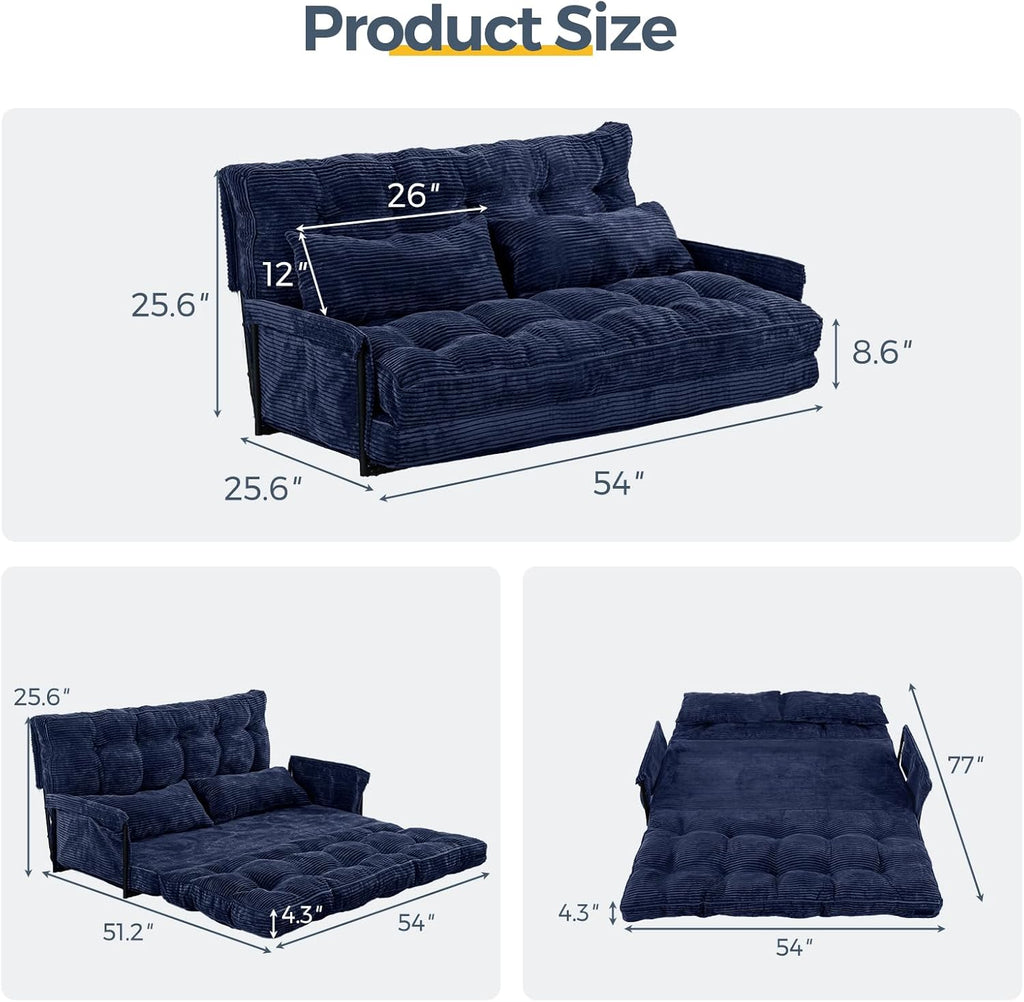 MAXYOYO Adjustable Floor Sofa Couch with 2 Pillows, Multi-Functional Bean Bag Bed, 5-Position Foldable Lazy Sofa Sleeper Bed with Armrest, Versatile Floor Seating for Reading, Navy, Double