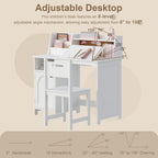 Treocho Kids Study Desk and Chair Set, Kids Desk with Hutch and Tiltable Desktop for 3-8 Years Old, Wooden Children Study Table with Storage Cabinet, Student Writing Desks Bedroom, Home School, White