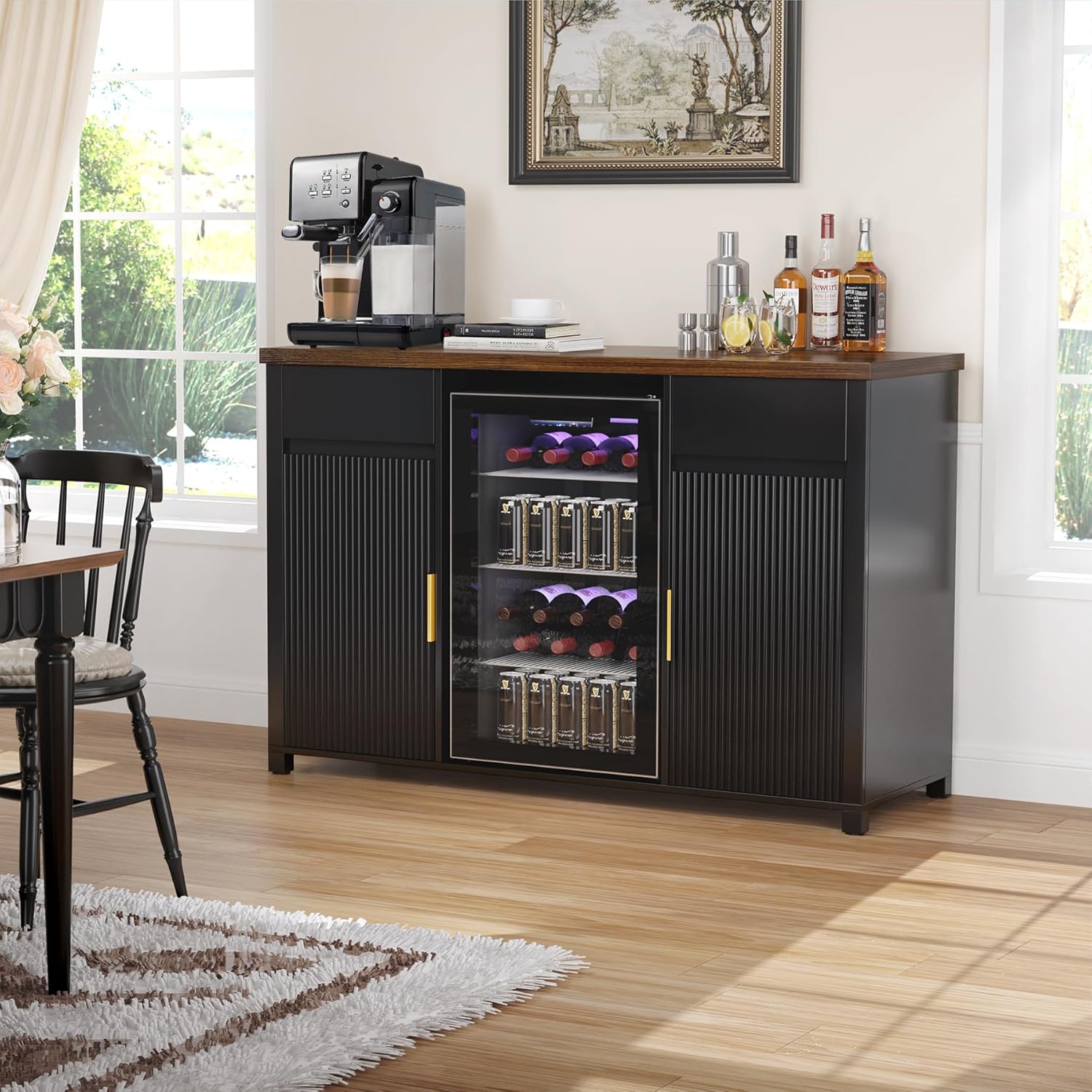 GDLF Large Coffee Bar Cabinet with Fridge Space, Mini Fridge Cabinet with Wine Storage, Buffet Sideboard Table for Home, Fluted Modern Design,53.2" L