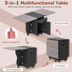 Giantex 3-in-1 Folding Dining Table for 4-6, 69-Inches Drop Leaf Kitchen Table with 2 Drawers and 2 Cabinets, Lockable Wheels, Foldable Dinner Tables for Small Spaces, Dinette (Black+Oak)