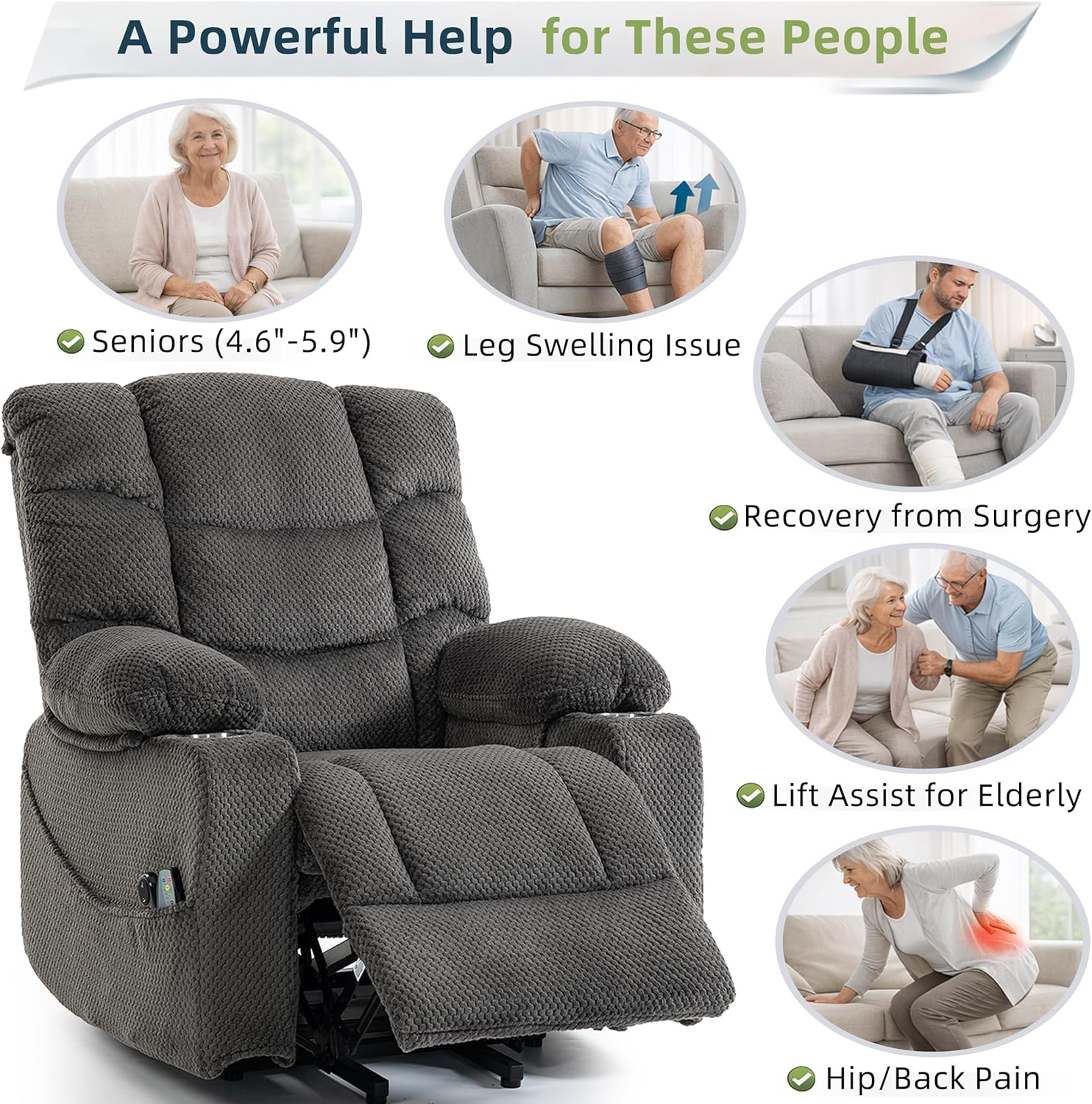 Power Lift Recliner Chair for Elderly, Velvet Recliner with Massage and Heat, Lazy Boy Power Recliner Lay Flat 160° Cup Holders for Living Room