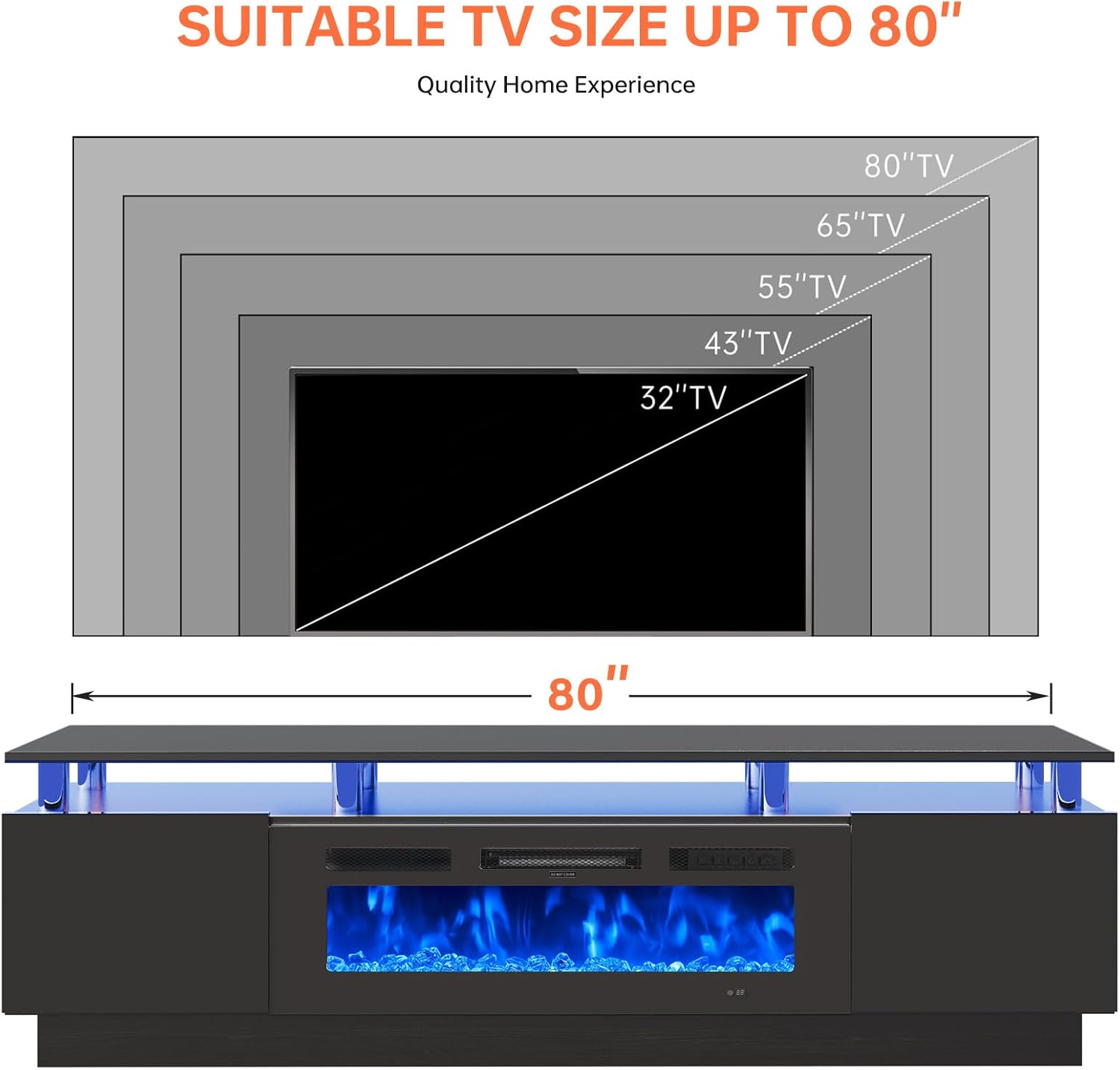 MXV 80" Fireplace TV Stand, Modern Entertainment Center & 36 Inch Electric Fireplace, Remote Control, LED Light, Fire Place Tv Stand for Living Room for TVs up to 90", Black + Black