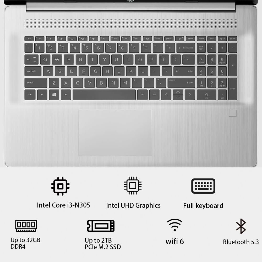 HP 17.3'' Touchscreen Laptop Computer-Windows 11 Pro for Business & Home Use  8-Cores Intel i3-N305  32GB RAM  128GB eMMC+1TB PCIe M.2 SSD  720 HD Webcam  HDMI  Num Pad  Wi-Fi 6  1 Year Office 365