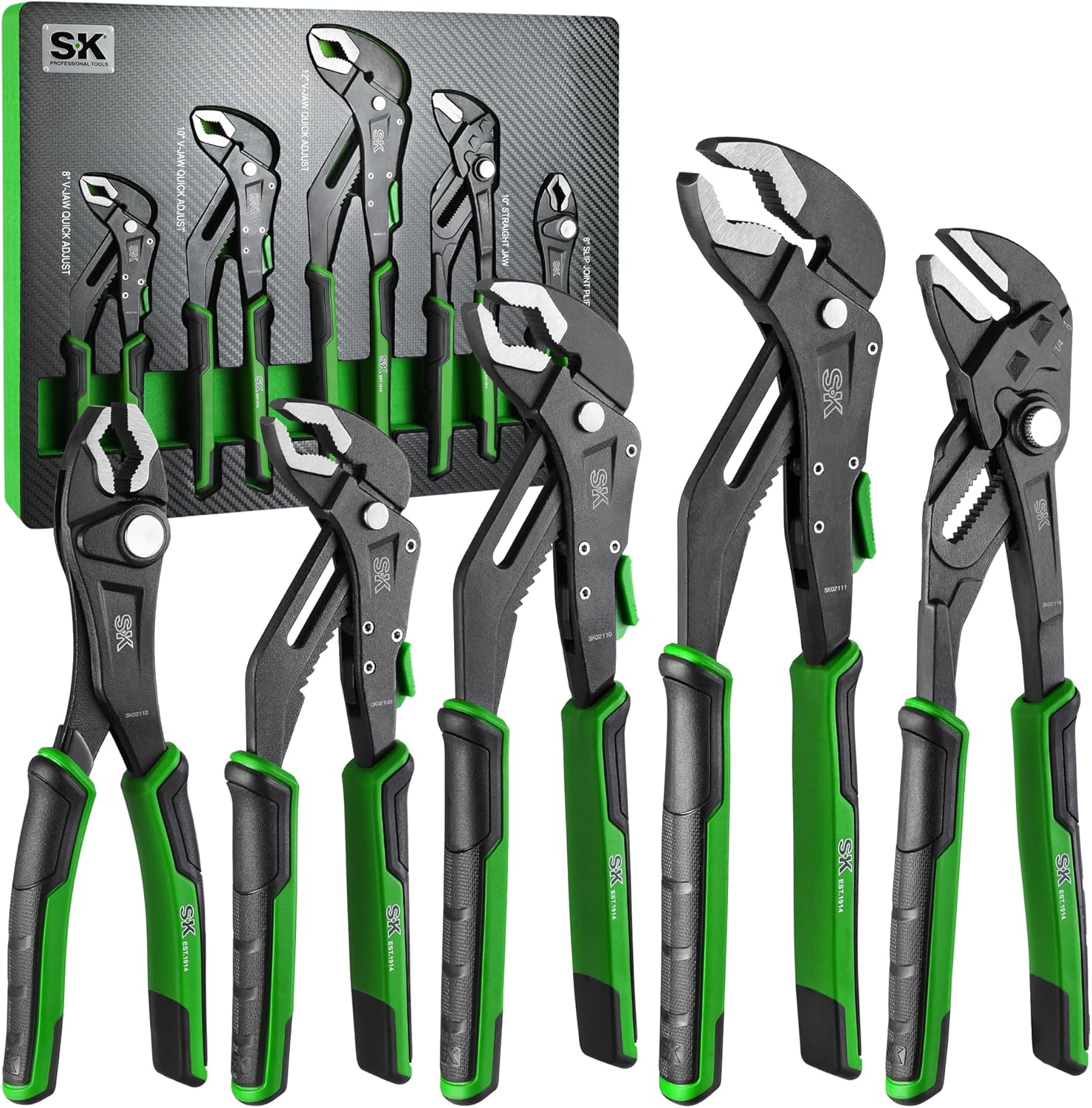 SK 5-Piece Pliers Set, 8" Adjustable Joint, 8", 10" and 12" Quick Adjust V-Jaw Groove Joint, 10" Pliers Wrench, Premium CR-V Construction, with EVA Foam Tool Organizer