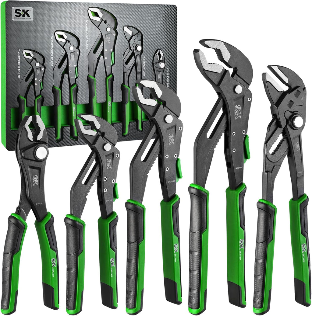 SK 5-Piece Pliers Set, 8" Adjustable Joint, 8", 10" and 12" Quick Adjust V-Jaw Groove Joint, 10" Pliers Wrench, Premium CR-V Construction, with EVA Foam Tool Organizer