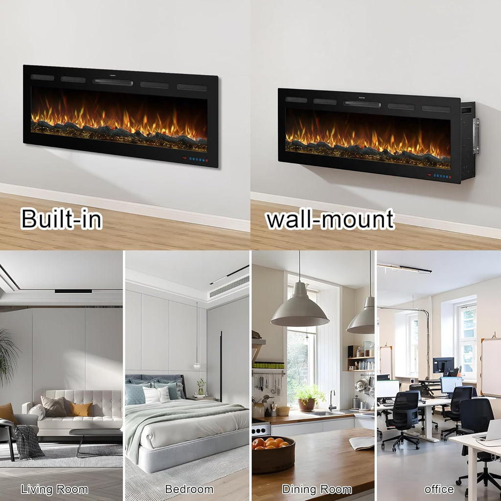 72 Inch WiFi Electric Fireplace Heater with Sound, Wall Mounted, Recessed or Free‑Standing, 750/1500W, 13 Flame & Fuel Bed Colors, Dimmable, Remote & App Control, Alexa & Google Home