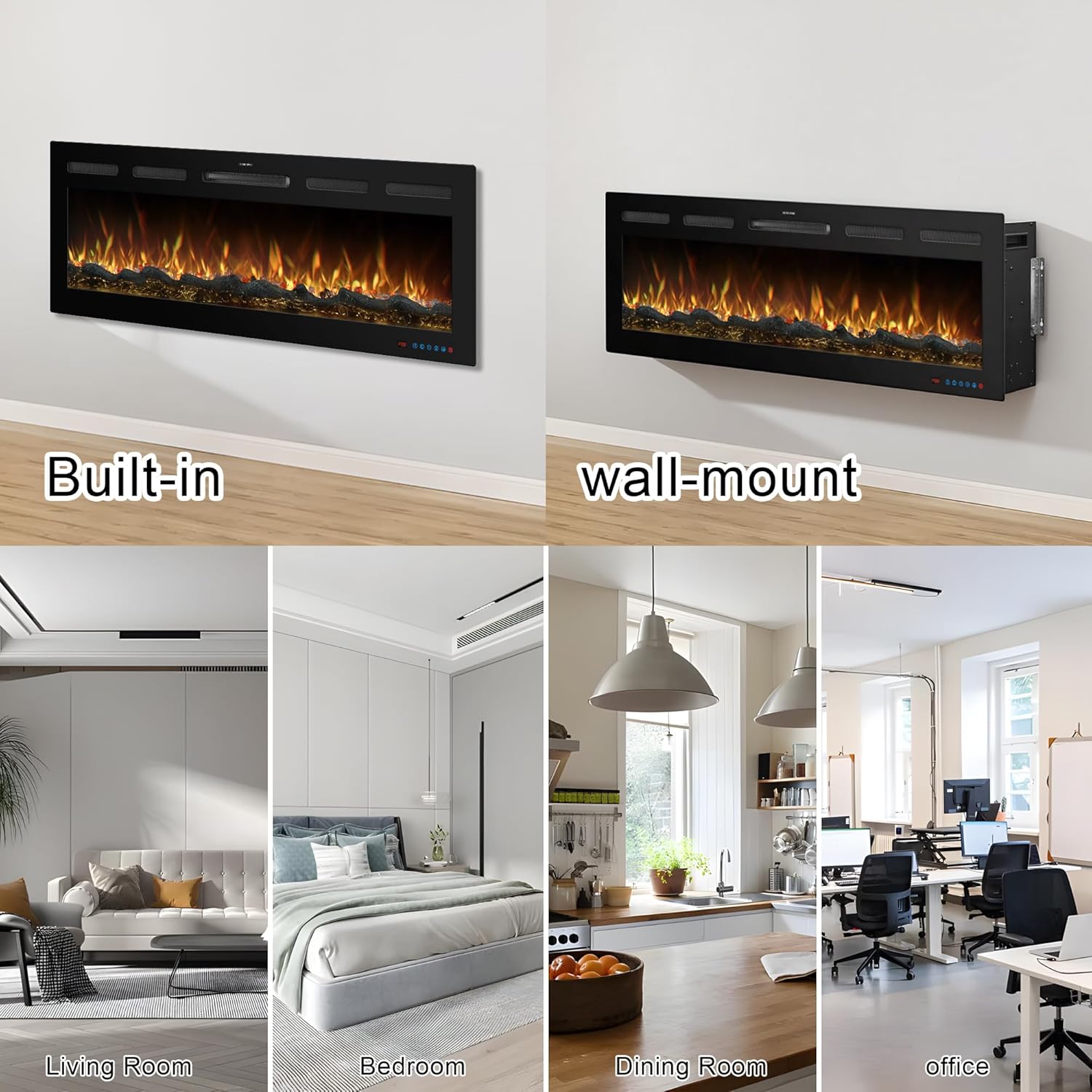 72 Inch WiFi Electric Fireplace Heater with Sound, Wall Mounted, Recessed or Free‑Standing, 750/1500W, 13 Flame & Fuel Bed Colors, Dimmable, Remote & App Control, Alexa & Google Home