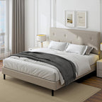 King Size Linen Bed Frame, Upholstered Platform Bed Frame with Adjustable Headboard, Wooden Slats Support, Easy Assembly, No Box Spring Needed, Beige