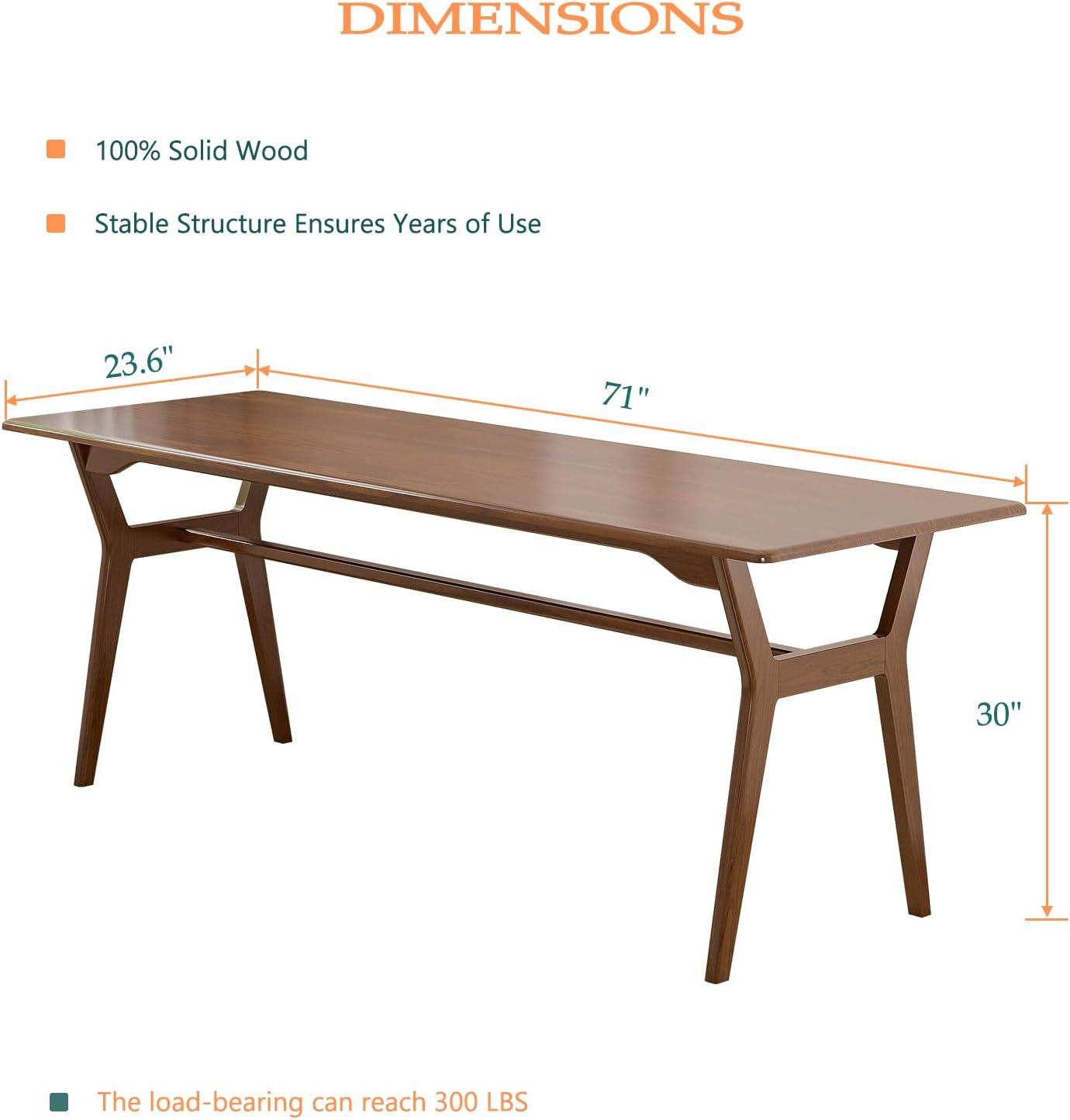 Solid Wood Study Desk - 71" Double Long Computer Table for Home Office, 2-Person PC Workstation, Walnut