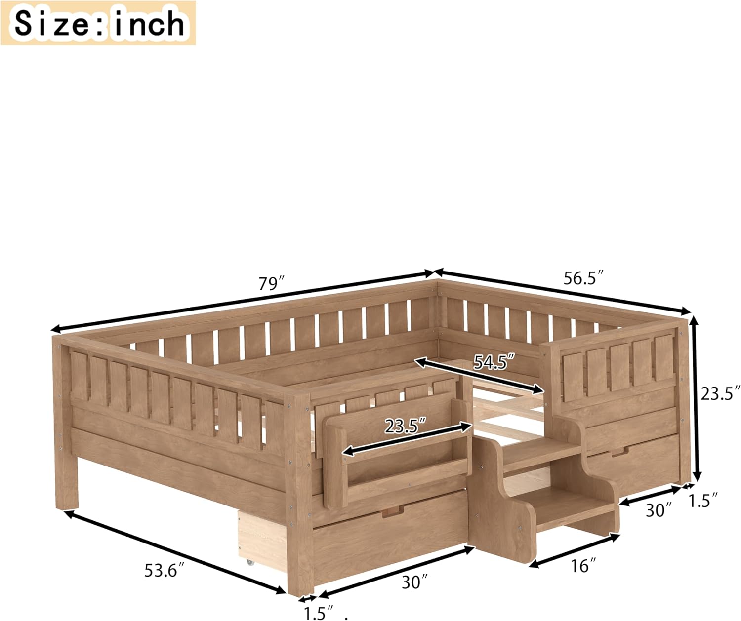 Bellemave Full Size Kids Montessori Bed with Stairs and Bookshelf,Solid Wood Full Size Kids Bed Frame with Drawers and Storage for Girls Boys,Low-Profile,Natural