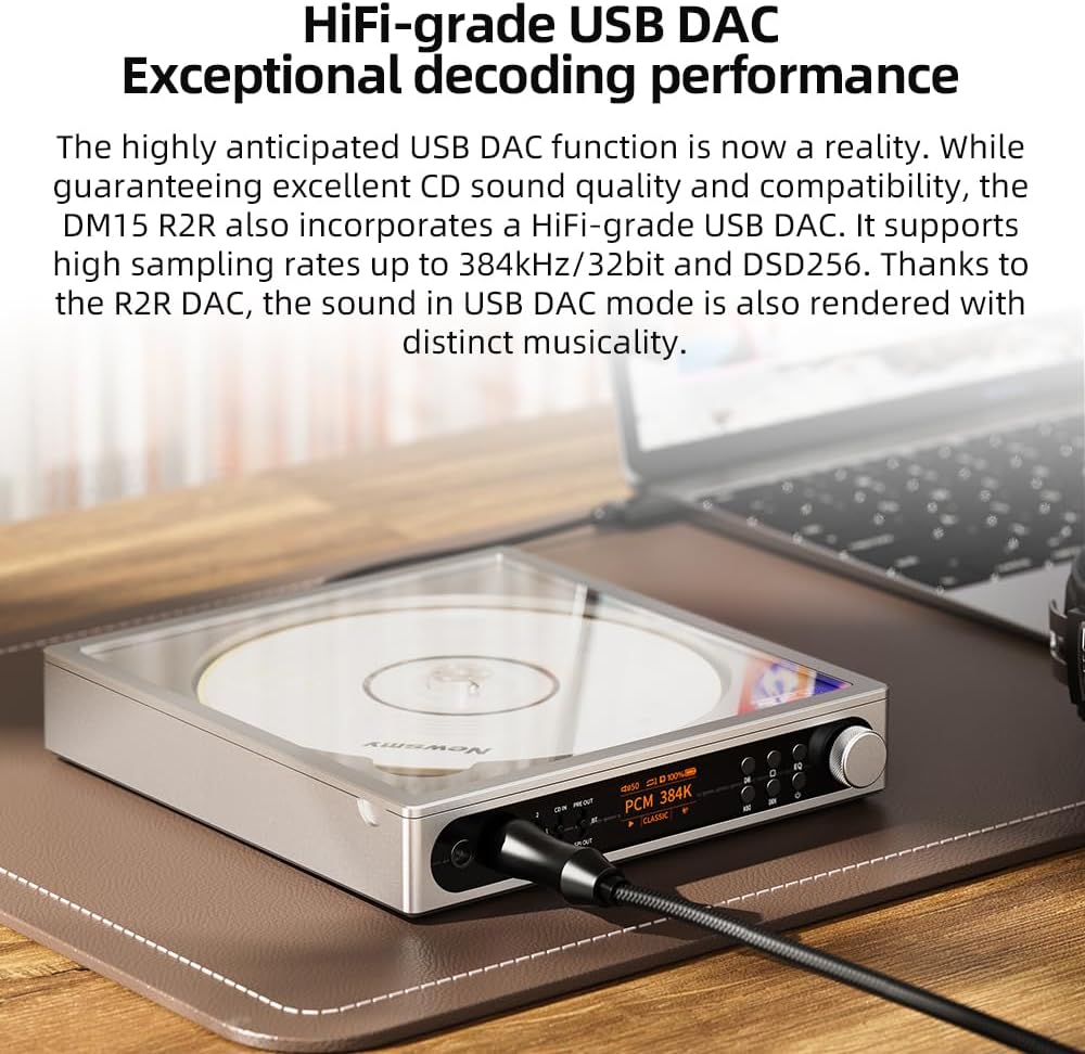 FiiO DM15 Portable Stereo CD Player with True 24Bit R2R DAC  1150mW+1150mW High-Power Output  aptX Adaptive Bluetooth Transmitter  24 Sound Presets  USB/CD HiFi Audio  HD Display (Black)
