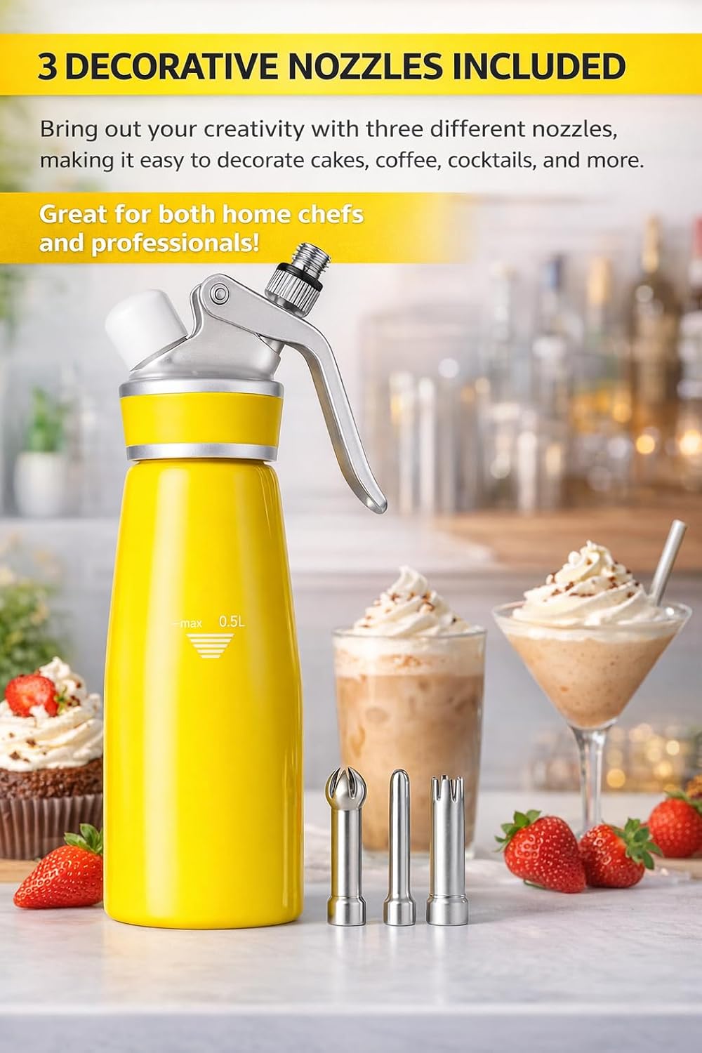 Whipped Cream Dispenser–Double Wall Insulated Aluminum Water Bottle with Stainless Steel 3 Nozzles, Extra-Large Capacity Whipping Cream Maker for Desserts, Coffee, Cocktails More-500Ml-Pink