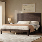 AMERLIFE Queen Sizes Solid Wood Bed Frame with 48" Headboard, Mid Century Modern Platform Bed with Silent Wood Slat System, No Box Spring Needed, Under-Bed Storage, Walnut