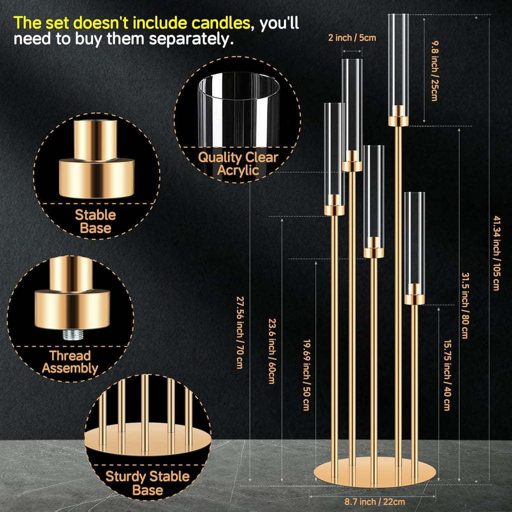 10 Set 5 Arm Golden Candle Holder with Acrylic Lampshade, 41.3'' Tall Candlesticks Holder for Christmas Wedding Housewarming Gift,Metal Candle Holders Candlestick Centerpiece,Fit 0.87'' LED Candle