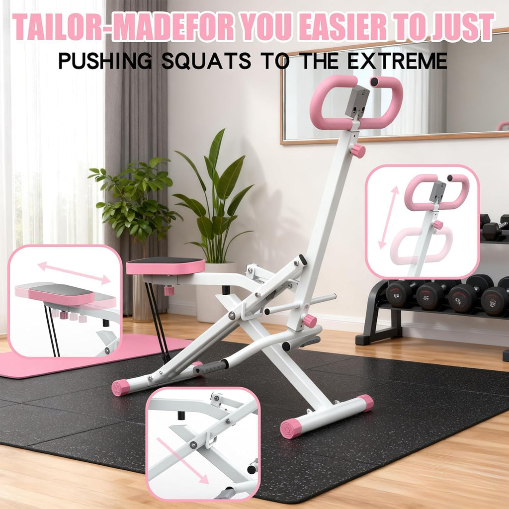 Squat Machine for Home Gym, Foldable Glute Trainer with Resistance Bands, Hip Thrust, Butt and Thigh Workout, Pink
