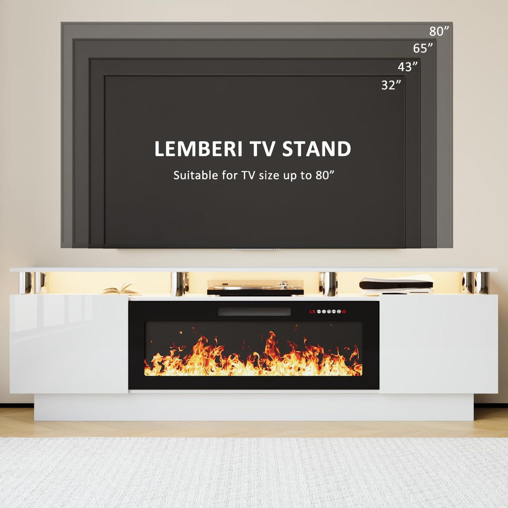 LEMBERI 70 Inches Fireplace TV Stand for TVs up to 80 Inches with 36'' Electric Fireplace & Remote, Modern Entertainment Center with Luxury LED Light,Woodeen TV Console for Living Room
