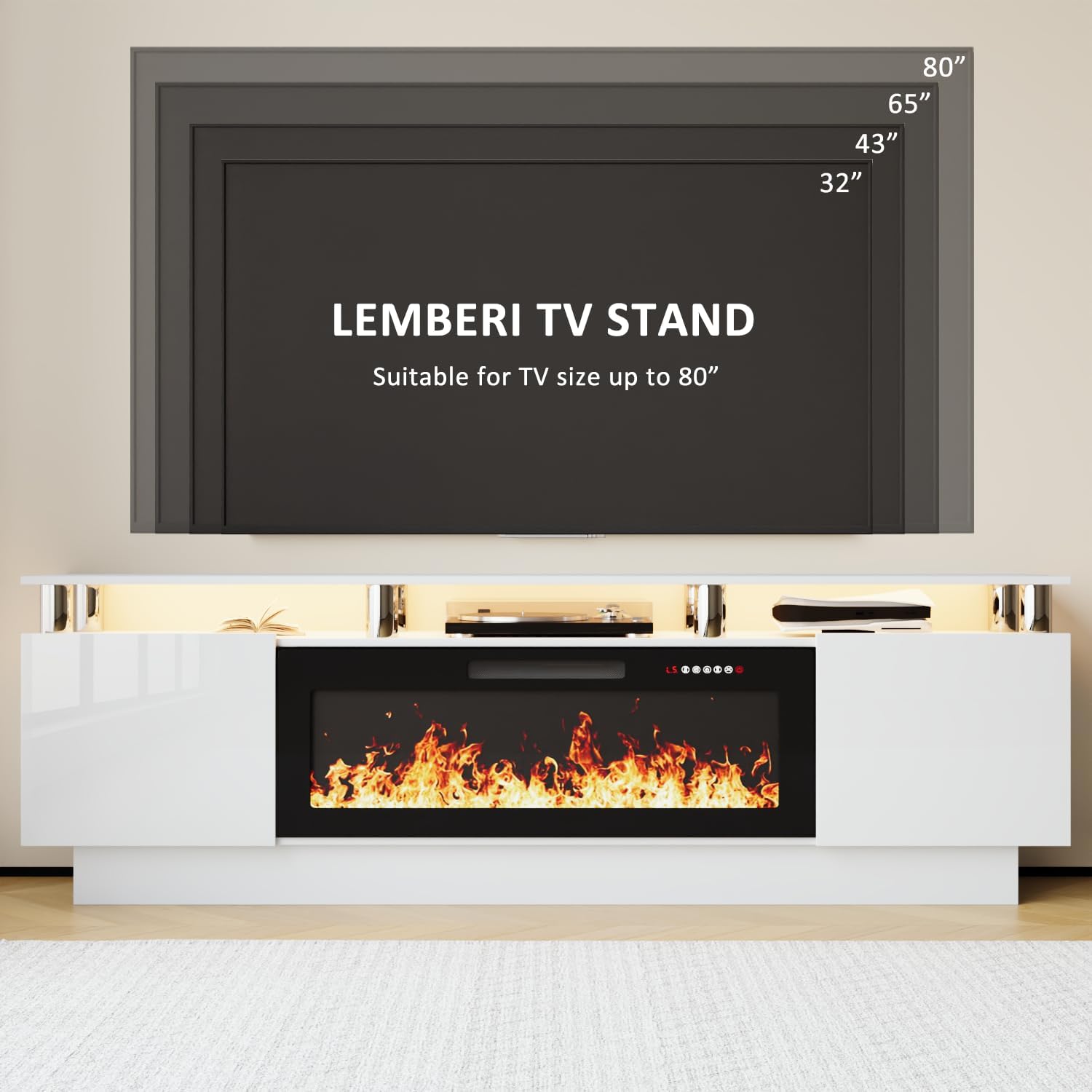 LEMBERI 70 Inches Fireplace TV Stand for TVs up to 80 Inches with 36'' Electric Fireplace & Remote, Modern Entertainment Center with Luxury LED Light,Woodeen TV Console for Living Room