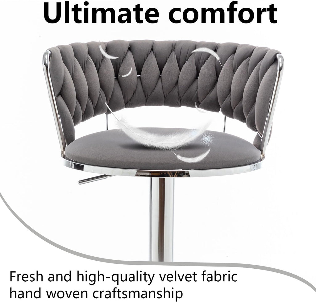 Velvet Bar Stools Set of 4, Counter Height Bar Stools with Low Back, Modern Adjustable Barstools, 360° Swivel Bar Chairs for Kitchen Island (Grey)