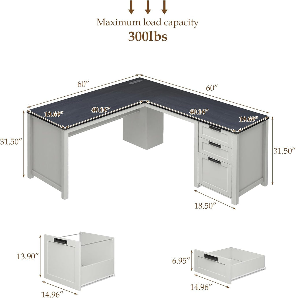 Farmhouse L Shaped Executive Desk with Drawers and Storage Shelf, Corner Standing Desk with Charging Station L-Shaped Executive Desks for for Home Office, Study, Bedroom