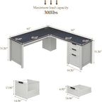 Farmhouse L Shaped Executive Desk with Drawers and Storage Shelf, Corner Standing Desk with Charging Station L-Shaped Executive Desks for for Home Office, Study, Bedroom