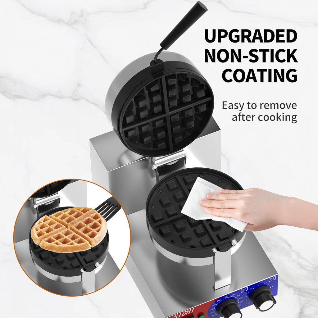 Commercial Waffle Maker - Belgian Waffle Maker w/Non-stick Baking Pan and 550℉ Heating, 1200W Rotating Waffle Iron for 1.2" Thick, Stainless Steel Round Waffle Machine for Restaurant