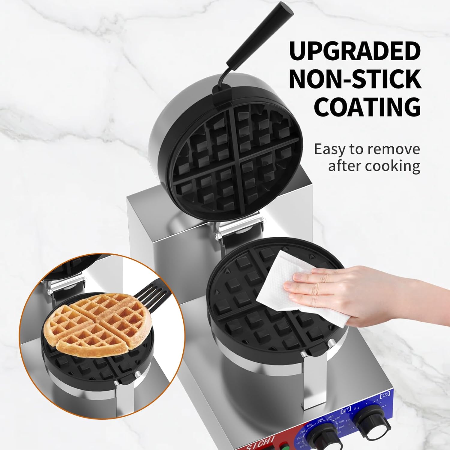 Commercial Waffle Maker - Belgian Waffle Maker w/Non-stick Baking Pan and 550℉ Heating, 1200W Rotating Waffle Iron for 1.2" Thick, Stainless Steel Round Waffle Machine for Restaurant